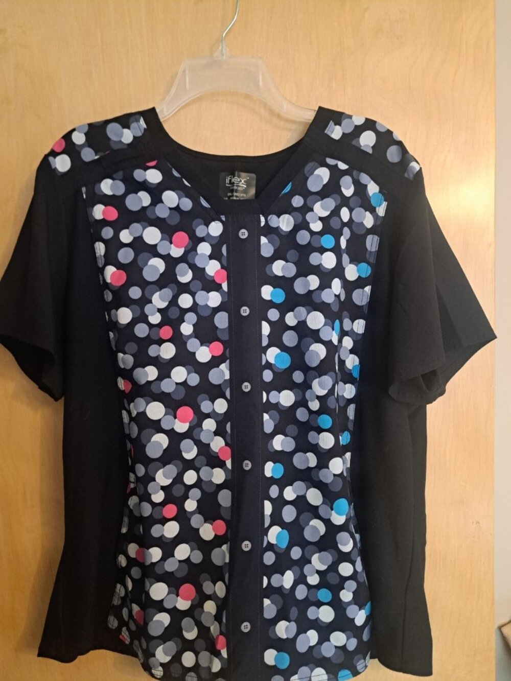 Cherokee iFlex Knit Panel Scrub Top CK657 2X Black Teal Grey Polka Dots